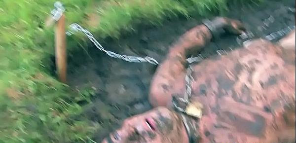  Mistress pissing on sub outdoors in the mud
